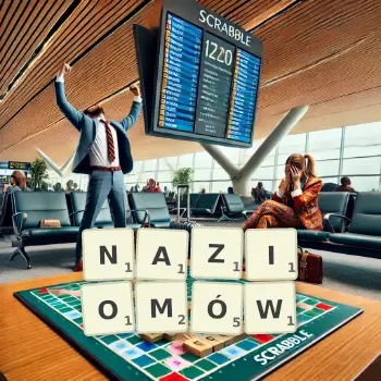 Kreatywna ilustracja do gry w Scrabble ze słowem NAZIOMÓW ułożonym z płytek na planszy.