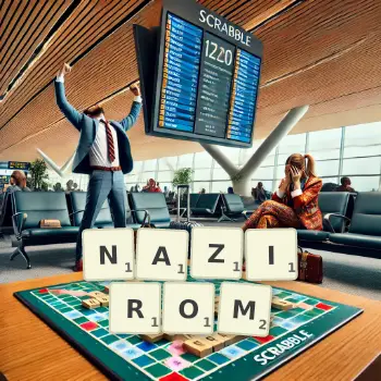Kreatywna ilustracja do gry w Scrabble ze słowem NAZIROM ułożonym z płytek na planszy.