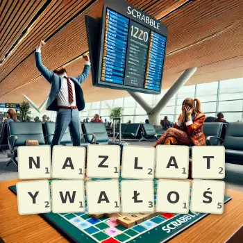 Kreatywna ilustracja do gry w Scrabble ze słowem NAZLATYWAŁOŚ ułożonym z płytek na planszy.
