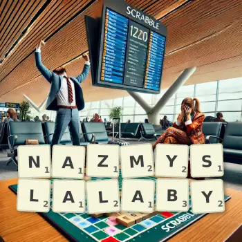 Kreatywna ilustracja do gry w Scrabble ze słowem NAZMYSLALABY ułożonym z płytek na planszy.