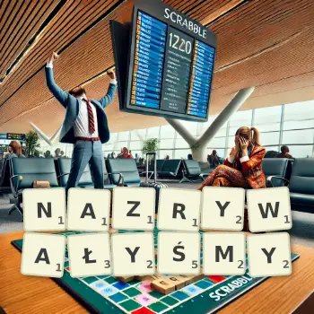 Kreatywna ilustracja do gry w Scrabble ze słowem NAZRYWAŁYŚMY ułożonym z płytek na planszy.