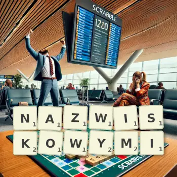 Kreatywna ilustracja do gry w Scrabble ze słowem NAZWISKOWYMI ułożonym z płytek na planszy.