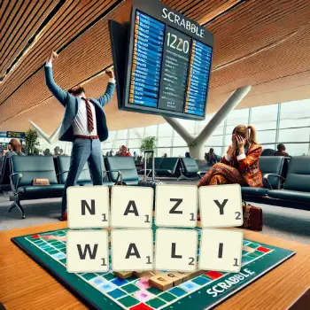 Kreatywna ilustracja do gry w Scrabble ze słowem NAZYWALI ułożonym z płytek na planszy.