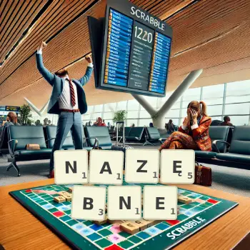 Kreatywna ilustracja do gry w Scrabble ze słowem NAZĘBNE ułożonym z płytek na planszy.