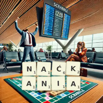 Kreatywna ilustracja do gry w Scrabble ze słowem NAĆKANIA ułożonym z płytek na planszy.