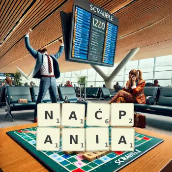 Kreatywna ilustracja do gry w Scrabble ze słowem NAĆPANIA ułożonym z płytek na planszy.