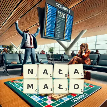 Kreatywna ilustracja do gry w Scrabble ze słowem NAŁAMAŁO ułożonym z płytek na planszy.