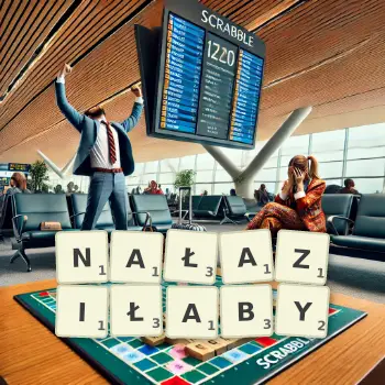 Kreatywna ilustracja do gry w Scrabble ze słowem NAŁAZIŁABY ułożonym z płytek na planszy.