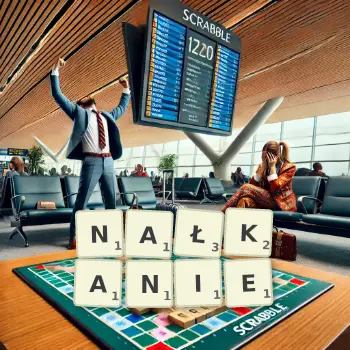 Kreatywna ilustracja do gry w Scrabble ze słowem NAŁKANIE ułożonym z płytek na planszy.