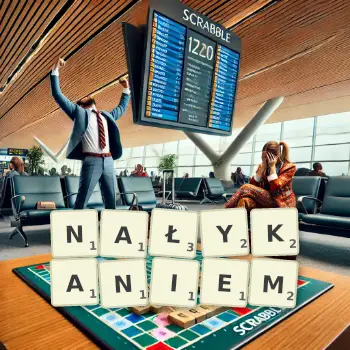 Kreatywna ilustracja do gry w Scrabble ze słowem NAŁYKANIEM ułożonym z płytek na planszy.