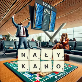 Kreatywna ilustracja do gry w Scrabble ze słowem NAŁYKANO ułożonym z płytek na planszy.