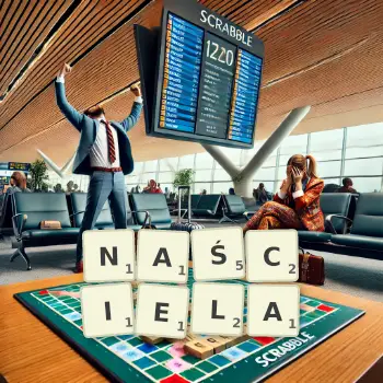 Kreatywna ilustracja do gry w Scrabble ze słowem NAŚCIELA ułożonym z płytek na planszy.