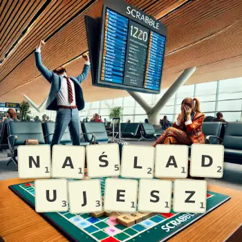Kreatywna ilustracja do gry w Scrabble ze słowem NAŚLADUJESZ ułożonym z płytek na planszy.