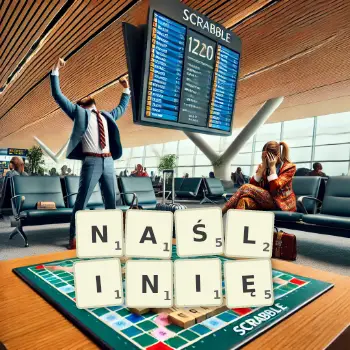 Kreatywna ilustracja do gry w Scrabble ze słowem NAŚLINIĘ ułożonym z płytek na planszy.