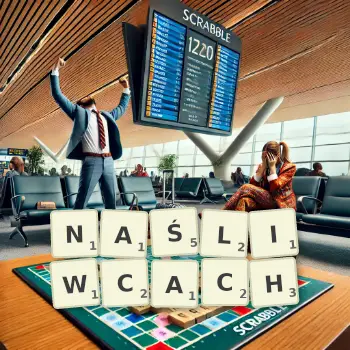 Kreatywna ilustracja do gry w Scrabble ze słowem NAŚLIWCACH ułożonym z płytek na planszy.