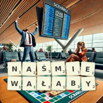 Kreatywna ilustracja do gry w Scrabble ze słowem NAŚMIEWAŁABY ułożonym z płytek na planszy.