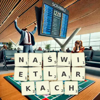 Kreatywna ilustracja do gry w Scrabble ze słowem NAŚWIETLARKACH ułożonym z płytek na planszy.