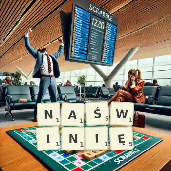Kreatywna ilustracja do gry w Scrabble ze słowem NAŚWINIĘ ułożonym z płytek na planszy.