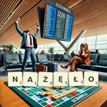 Kreatywna ilustracja do gry w Scrabble ze słowem NAŻĘŁO ułożonym z płytek na planszy.