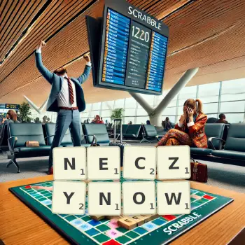 Kreatywna ilustracja do gry w Scrabble ze słowem NECZYNOW ułożonym z płytek na planszy.
