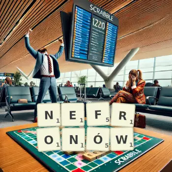 Kreatywna ilustracja do gry w Scrabble ze słowem NEFRONÓW ułożonym z płytek na planszy.