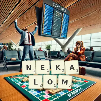 Kreatywna ilustracja do gry w Scrabble ze słowem NEKALOM ułożonym z płytek na planszy.