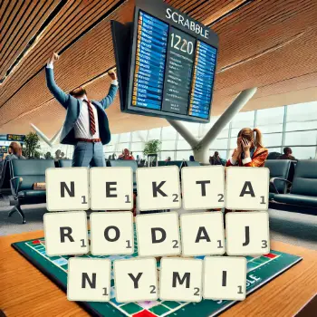 Kreatywna ilustracja do gry w Scrabble ze słowem NEKTARODAJNYMI ułożonym z płytek na planszy.