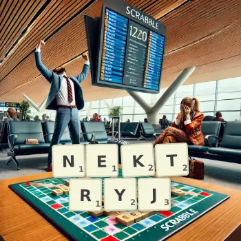 Kreatywna ilustracja do gry w Scrabble ze słowem NEKTRYJ ułożonym z płytek na planszy.