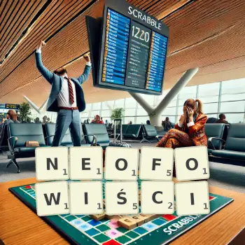 Kreatywna ilustracja do gry w Scrabble ze słowem NEOFOWIŚCI ułożonym z płytek na planszy.