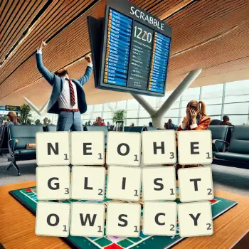 Kreatywna ilustracja do gry w Scrabble ze słowem NEOHEGLISTOWSCY ułożonym z płytek na planszy.