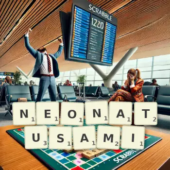 Kreatywna ilustracja do gry w Scrabble ze słowem NEONATUSAMI ułożonym z płytek na planszy.