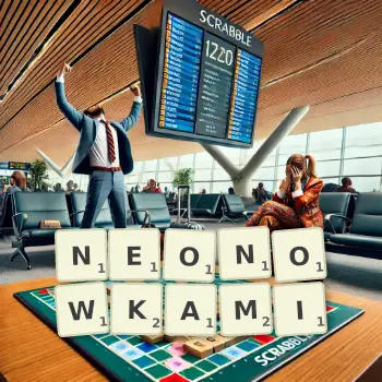 Kreatywna ilustracja do gry w Scrabble ze słowem NEONOWKAMI ułożonym z płytek na planszy.