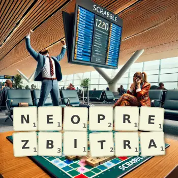Kreatywna ilustracja do gry w Scrabble ze słowem NEOPREZBITRA ułożonym z płytek na planszy.