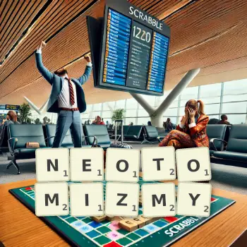 Kreatywna ilustracja do gry w Scrabble ze słowem NEOTOMIZMY ułożonym z płytek na planszy.