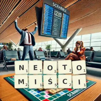 Kreatywna ilustracja do gry w Scrabble ze słowem NEOTOMIŚCI ułożonym z płytek na planszy.