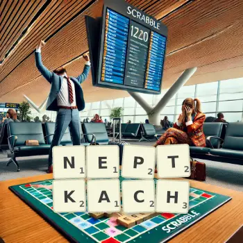 Kreatywna ilustracja do gry w Scrabble ze słowem NEPTKACH ułożonym z płytek na planszy.