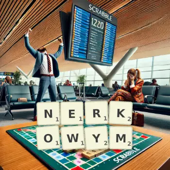 Kreatywna ilustracja do gry w Scrabble ze słowem NERKOWYM ułożonym z płytek na planszy.