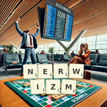 Kreatywna ilustracja do gry w Scrabble ze słowem NERWIZM ułożonym z płytek na planszy.