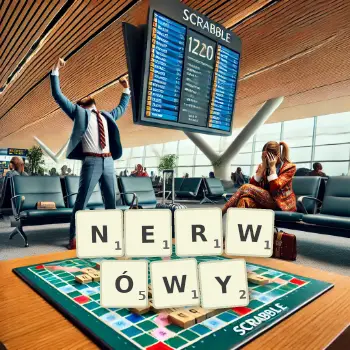 Kreatywna ilustracja do gry w Scrabble ze słowem NERWÓWY ułożonym z płytek na planszy.