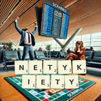 Kreatywna ilustracja do gry w Scrabble ze słowem NETYKIETY ułożonym z płytek na planszy.