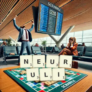 Kreatywna ilustracja do gry w Scrabble ze słowem NEURULI ułożonym z płytek na planszy.