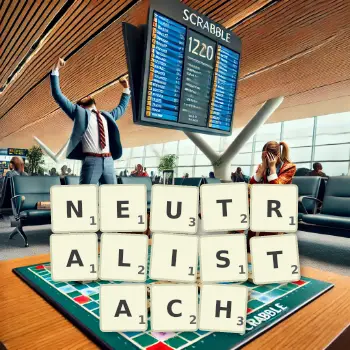 Kreatywna ilustracja do gry w Scrabble ze słowem NEUTRALISTACH ułożonym z płytek na planszy.