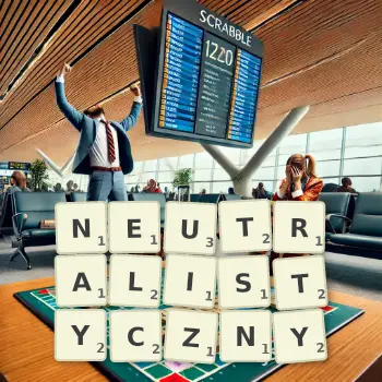 Kreatywna ilustracja do gry w Scrabble ze słowem NEUTRALISTYCZNY ułożonym z płytek na planszy.