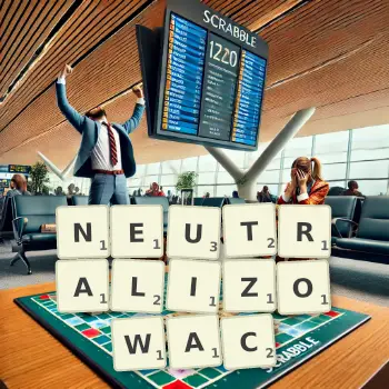Kreatywna ilustracja do gry w Scrabble ze słowem NEUTRALIZOWAC ułożonym z płytek na planszy.
