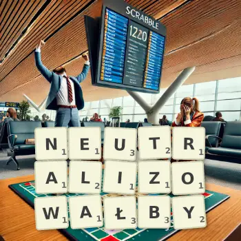Kreatywna ilustracja do gry w Scrabble ze słowem NEUTRALIZOWAŁBY ułożonym z płytek na planszy.