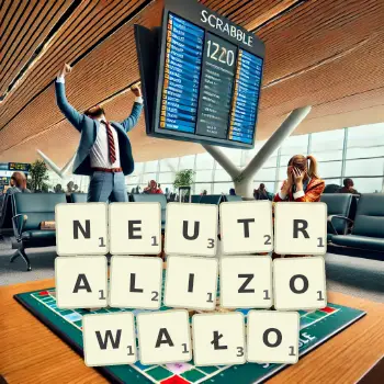 Kreatywna ilustracja do gry w Scrabble ze słowem NEUTRALIZOWAŁO ułożonym z płytek na planszy.