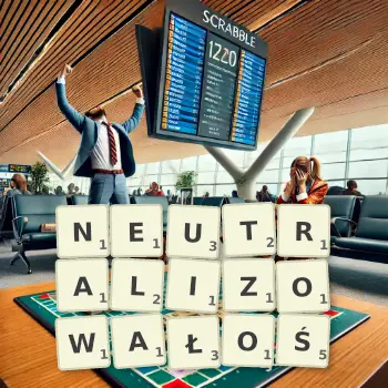 Kreatywna ilustracja do gry w Scrabble ze słowem NEUTRALIZOWAŁOŚ ułożonym z płytek na planszy.