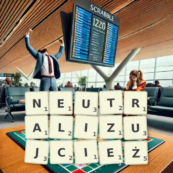 Kreatywna ilustracja do gry w Scrabble ze słowem NEUTRALIZUJCIEŻ ułożonym z płytek na planszy.