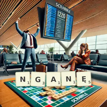 Kreatywna ilustracja do gry w Scrabble ze słowem NGANĘ ułożonym z płytek na planszy.