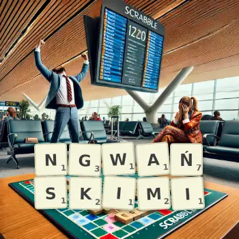 Kreatywna ilustracja do gry w Scrabble ze słowem NGWAŃSKIMI ułożonym z płytek na planszy.
